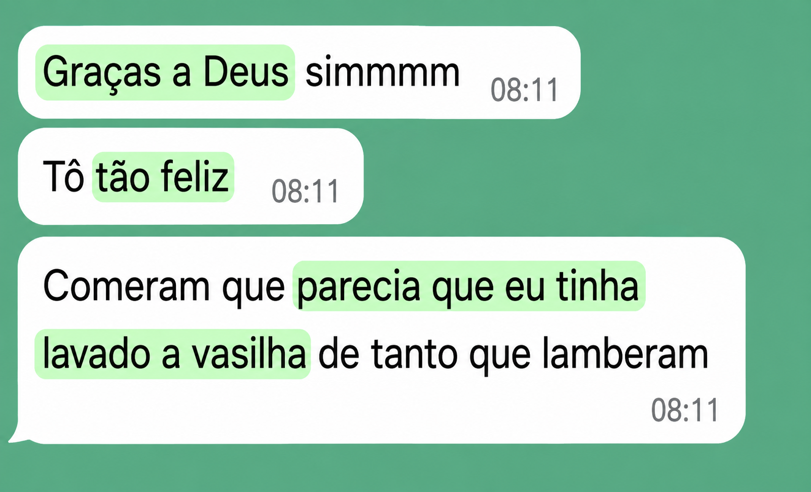 Print de conversa de WhatsApp em que a tutora conta que os cães comeram tudo e a vasilha ficou limpa de tanto lamberem