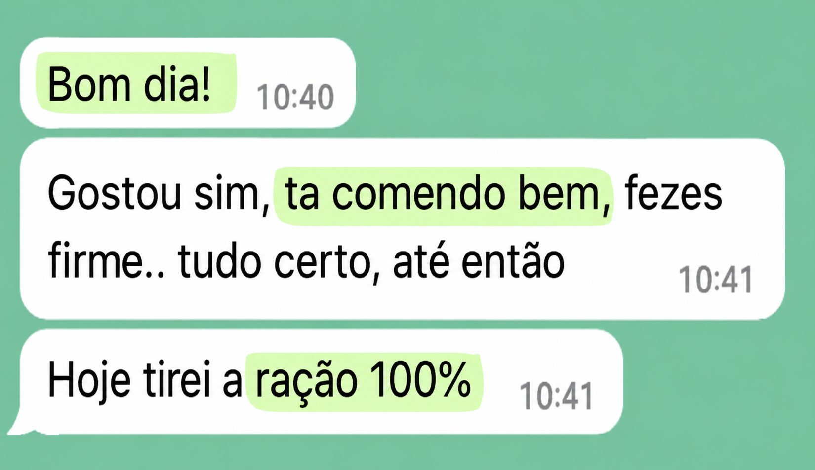 Print de conversa de WhatsApp em que a tutora diz que o cão gostou, está comendo bem, com fezes firmes, e tirou a ração 100%